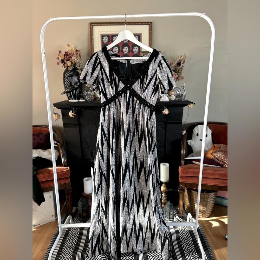 Vintage Black & Silver Zig-Zag Metallic 
Dress, maxi dress